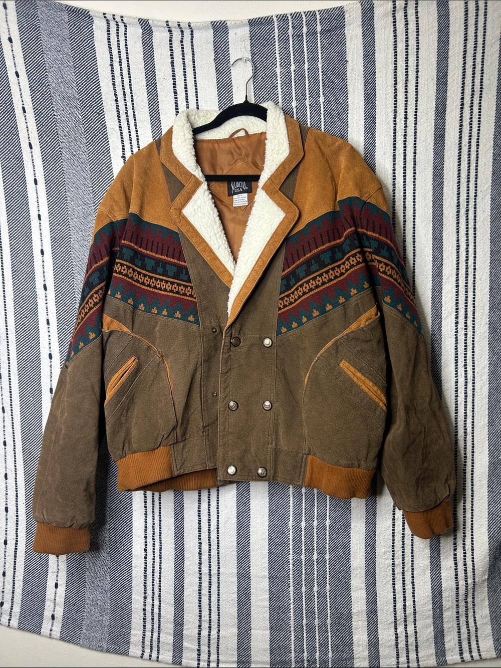 Vintage Scorpio Sherpa Lined Suede Leather Western Aztec Jacket